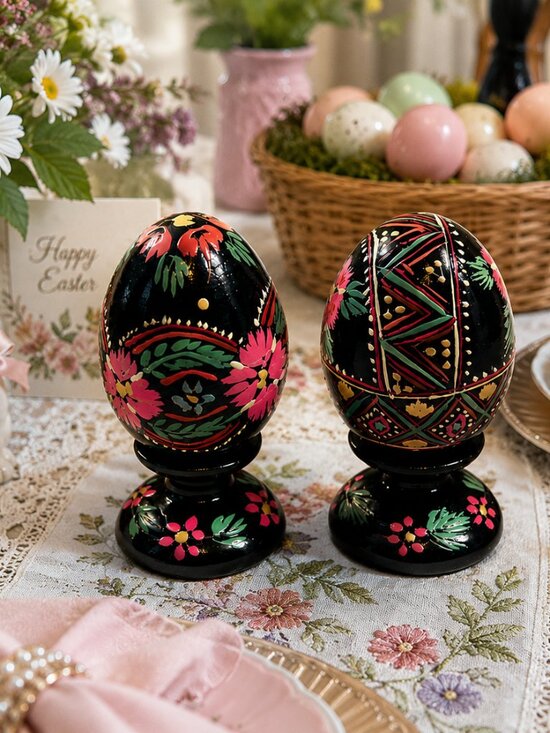 Vintage Other - EE-05--Vintage Hand-Painted Wooden Easter Eggs Set of 2 Folk Art Floral